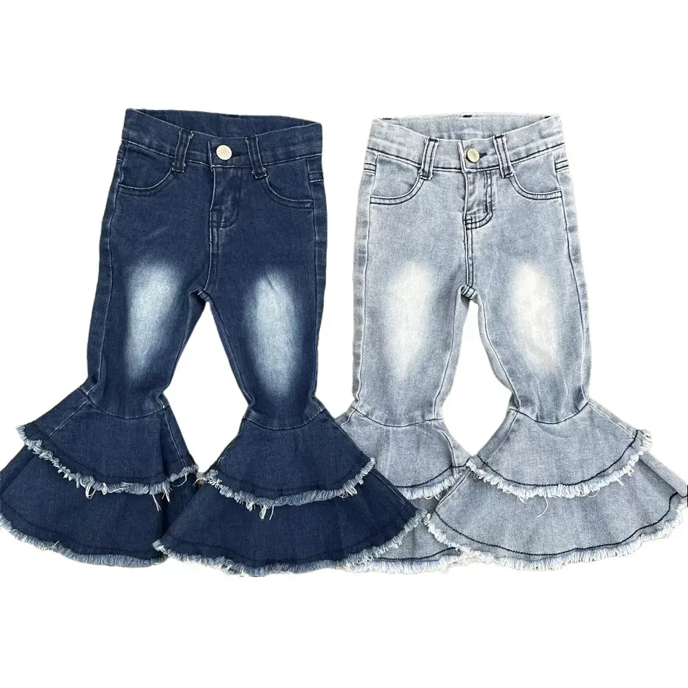 Girl Bell Bottom Jeans Blue Bleached Girl Denim Pant Toddler Jeans Party Wear Adjustable Waist