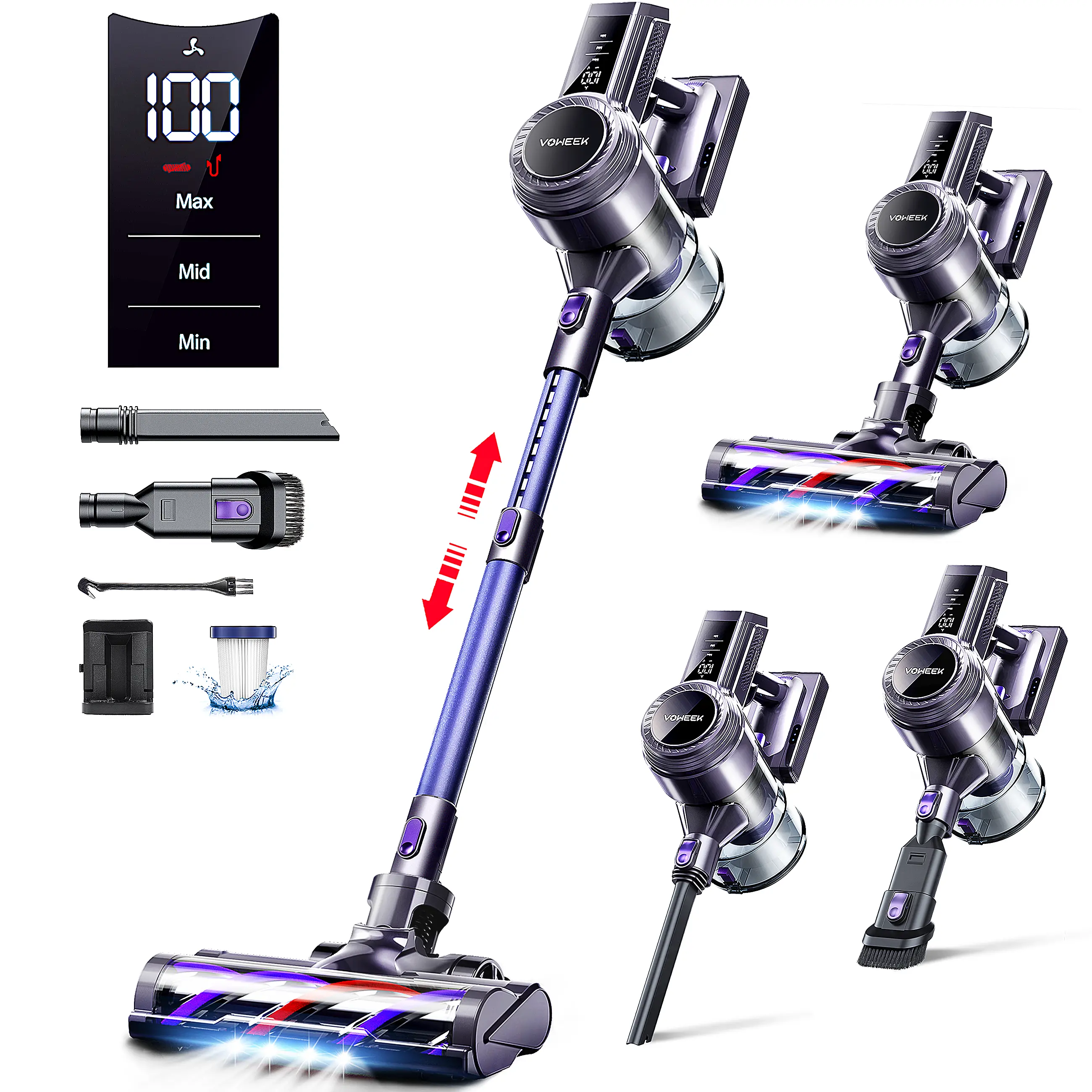 Voweek VC10/VC11/VC15 Rechargeable Cordless Lightweight Handheld Vacuum Cleaner, 25-35KPa Suction, LED Display, Up to 45 Min Runtime, for Hardwood Floors, Pet Hair, Rechargeable Cordless Vacuum, Cordless Vacuum Cleaner