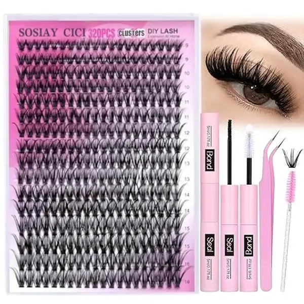 DIY Lash Extension Kit Volume Lash Clusters 40D D Curl Individual Lashes Lash Clusters Kit Thick Eyelash Extension Kit 320pcs Thin Band Cluster Lashes
