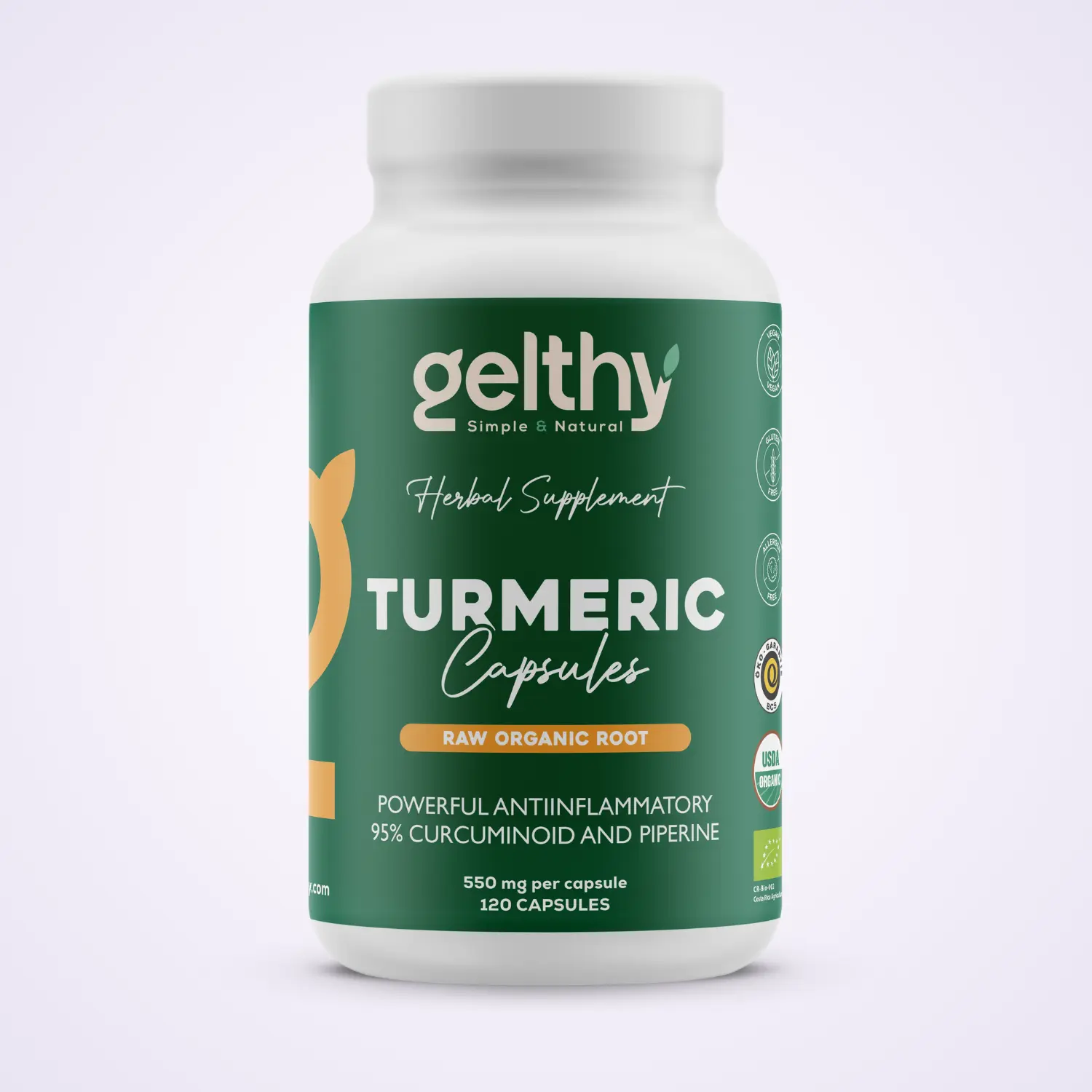 Gelthy Organic Turmeric (120) Capsules x 550mg Pure Turmeric with no filler