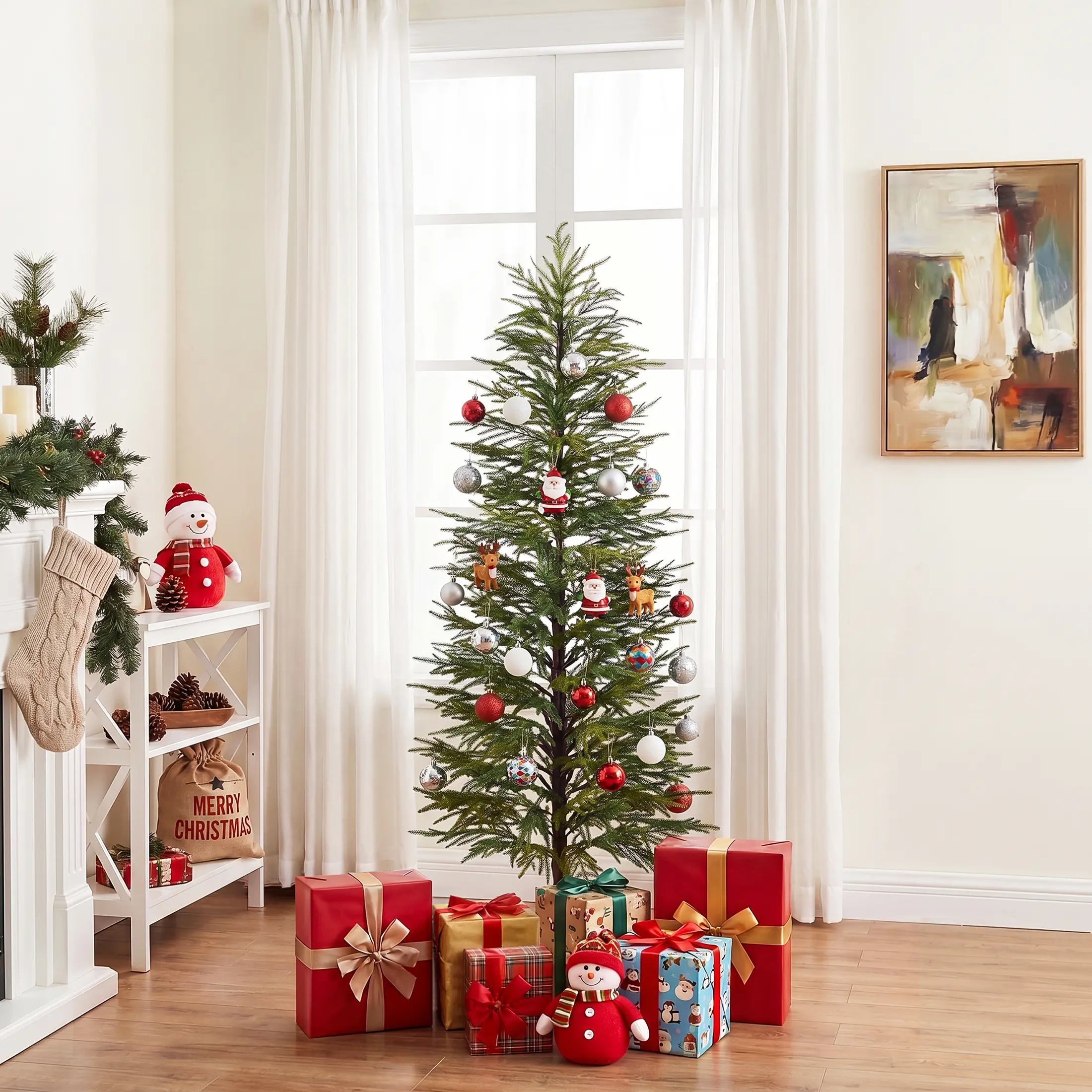 VeriNatural 5/6/7FT Artificial Green Cypress Christmas Tree, Full-Bodied Holiday Tree with Pre-Lit or Unlit Options, Metal Stand, Indoor Xmas Decor