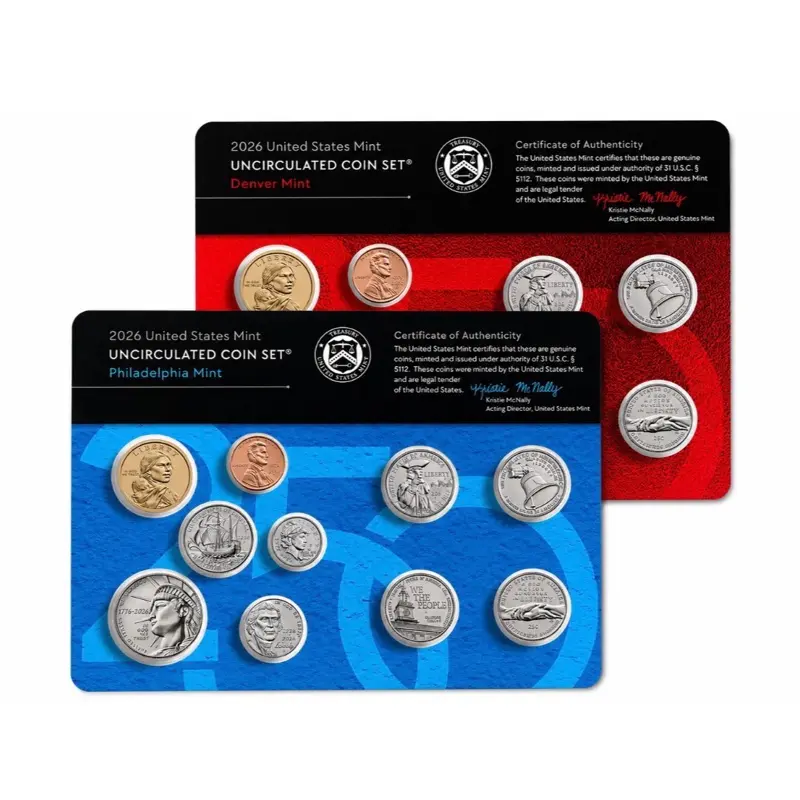 Uncirculated Coin Set 2026 Both P and D Mints. Two cards in Original Government Packaging. Includes the  Special P and D 2026 Penny!