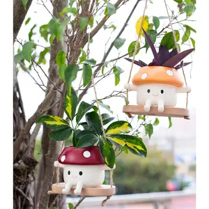 2pcs Mushroom Smily Swing Face Planter Pot, Cute Resin Flower Head Planter for Indoor Plants,Gift IdeaI for Mother,Father and Appreciation Christmas with Drainage Hole (Red&Yellow)