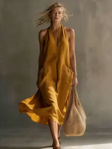 French Lazy Halter Sleeveless Dress, Summer New Arrival, Casual Fashion Chic Minimalist Style, High-End Beach Vacation Look, Loose Solid Color Long Dress, Womenswear, Casual Wear, Aesthetic
