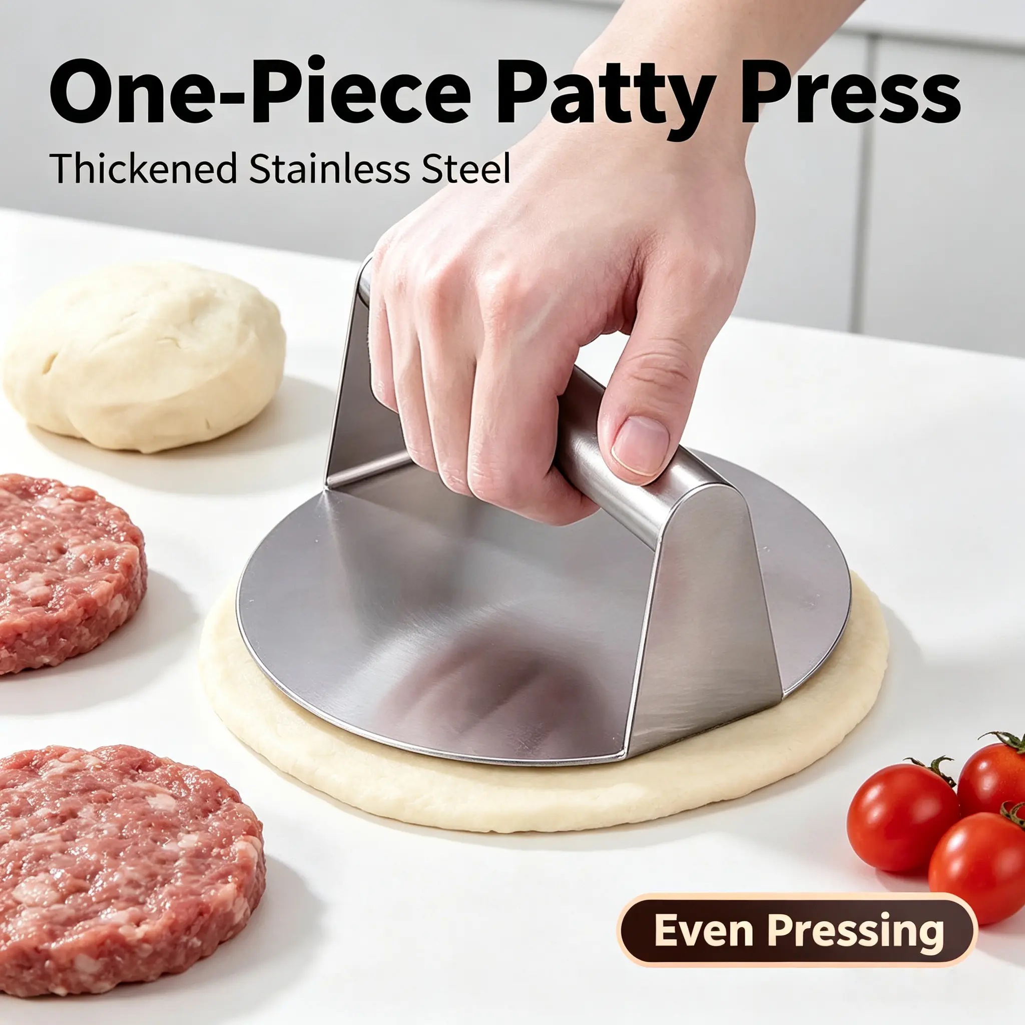 14cm Stainless Steel Burger Press - Round Non-Stick Hamburger Patty Maker, 1-Piece Seamless Meat Press for Beef, Chicken, Veggie Patties, BBQ Grill & Home Kitchen Cooking Tool, Dishwasher Safe