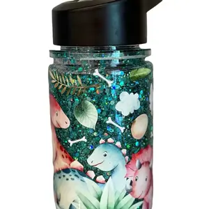 Kids Snowglobe Tumbler with Wrap and Glitter Design of choice for Children's Use Bottle Drinkware 10 oz Lightweight Plastic Reusable Water Bottles with UV DTF Wrap & Green Glitter Effect Lid Mug Portable Washable