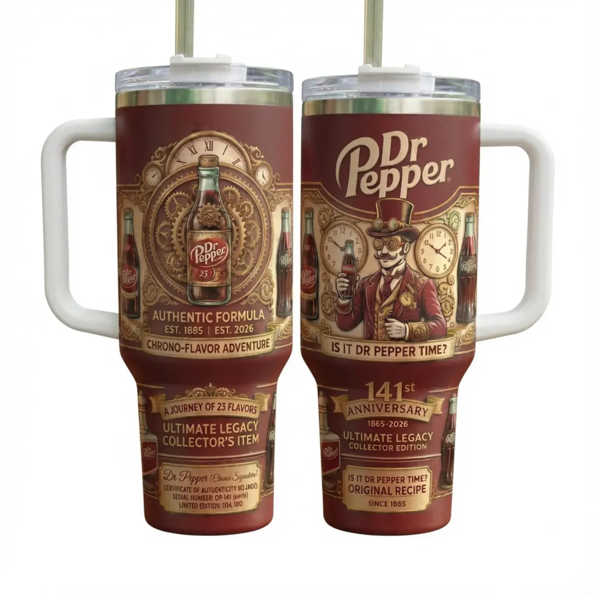 Pepper 141st Anniversary Limited Edition 40oz Tumbler With Handle & Straw - Ultimate Legacy Collector Edition Travel Mug - Steampunk Vintage Cup - Since 1885 Original Recipe Soda Fan Gift, Father's Day Gift, Vacuum Cup, Double Wall