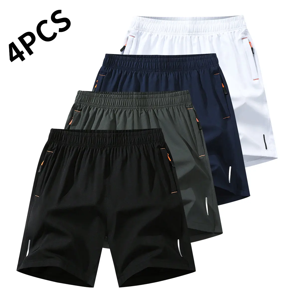 Men’s solid-color shorts with zippered pockets — summer casual, comfortable, breathable shorts for everyday wear; 4-pack shorts — summer casual, comfortable, breathable men’s everyday bottoms
