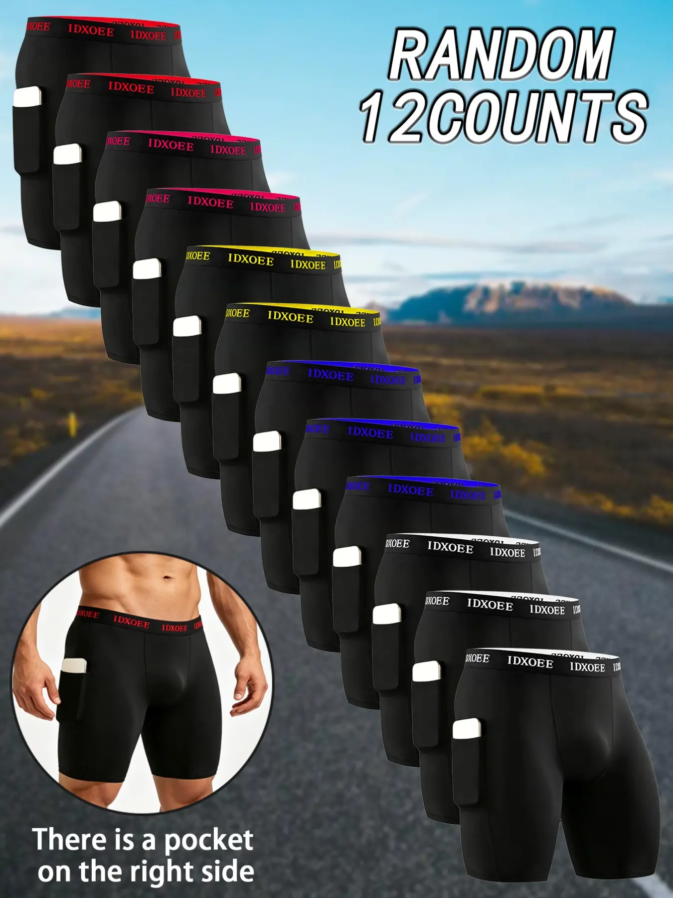 12pcs Men's long flat cornered underwear, Stretchy sports underwear, soft comfortable durable, men's sports underwear with contour pockets, suitable for daily fitness, running, home wear and all seasons