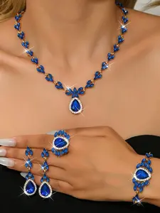 5 pieces of light luxury fashion sapphire droplet shaped water diamond pendant necklace jewelry set, socialite shopping banquet style jewelry set (1 necklace+2 earrings+1 bracelet+1 ring)
