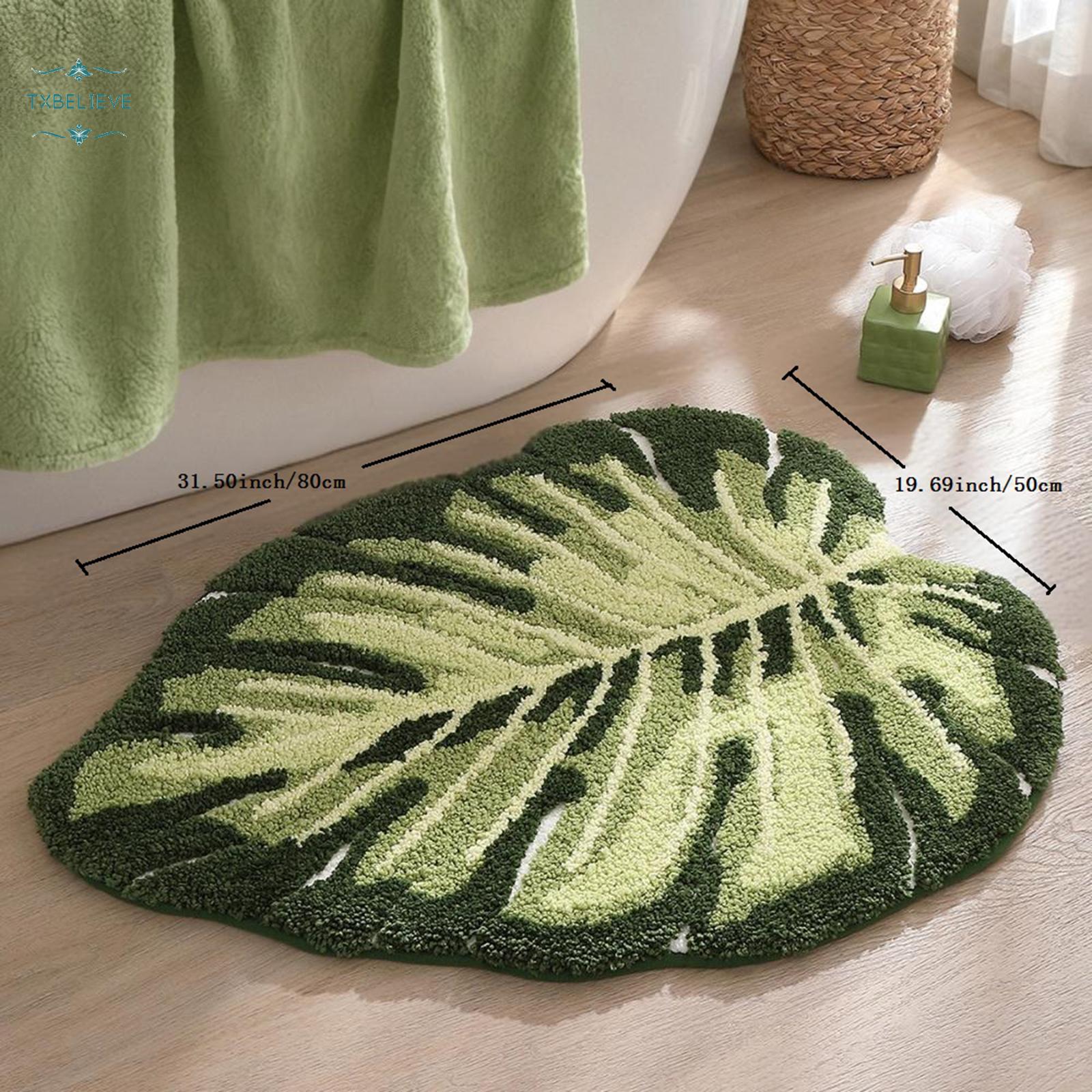 Cute Bathroom Rugs with Green Leaf Plant, Soft, Fluffy, Plush, Absorbent, Quick Dry, Non Slip, Machine Washable for Shower Floor, Bathroom, Bedroom,Kids Room, Monstera