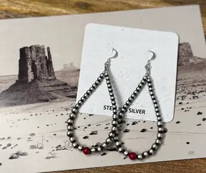 Sterling Pearls Dangling Earrings with Red Bead - Sterling Silver