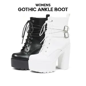 CYNLLIO Womens Gothic Ankle Boot Chunky Platform High Heel Rounded Toe Cross Ankle Strap Side Zipper Lace Up Adjustable Buckle Comfy Concert Party Nightclubs Outing Casual Goth Punk Retro Spring Shoes