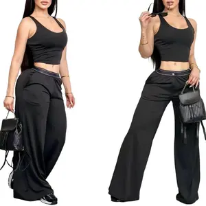 Women's Wide Leg Yoga Pants Black Elastic Waist Loose Fit Sports Straight Pocket Casual Activewear Essential Cropped Bottom Day Dress Light Summer