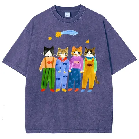 Men's Cotton Graphic Tshirt - 90s Retro Vibe, Hand-Painted Funny Cats In Overalls, Vintage Short-Sleeve Round-Neck Unisex Oversized Menswear Top, Breathable Fabric, Casual Trending Clothes, Streetwear Outfits