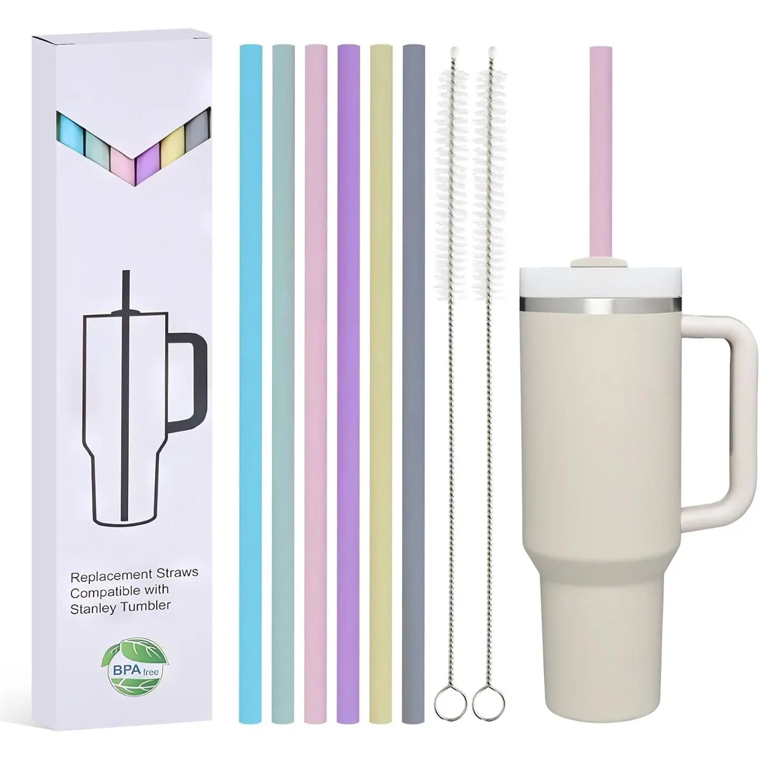 Colorful Replacement Straws for 40/30 oz Tumbler - 6 pack 12"  Straws with 2 cleaning Brushes, Compatible with  Cup