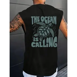 Men's wide-shouldered retro sleeveless vest, turtle pattern printing, suitable for spring and summer, vacation, carnival wear, friends gathering daily wear tops, creative DIY men's vest T-shirt