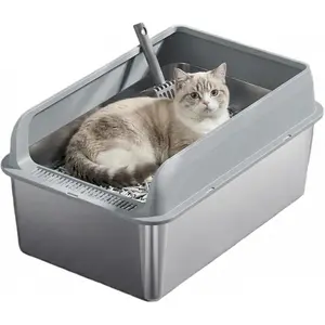 Stainless Steel Cat Litter Box with Lid – Enclosed, Non-Stick, Rust-Proof Metal Litter Box with Litters Filter & Scoop, 8" Deep for Large Cats Grey box furniture