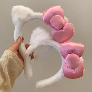 For Hello Kitty Pink Bow Plush Headband - Women'S Cute and Comfortable Hair Accessory, Suitable for Face Washing and Autumn and Winter Styling