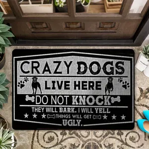 Humorous 'Crazy Dog Lives Here' Welcome Mat- Non-Slip, Doormat with Durable Rubber Backing, Perfect for Home and Office Entrances, Living Rooms, Kitchens- Black with Paw Print and Bone Design