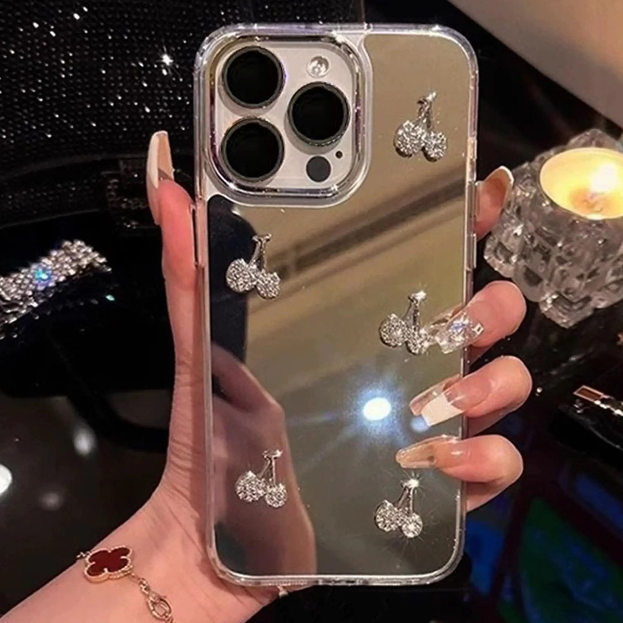 Rhinestone Decor Phone Case, Fashion Mirror Phone Protective Case for iPhone 16 Series, Anti-drop Phone Cover Compatible with iPhone 15 14 13 12 11 Pr