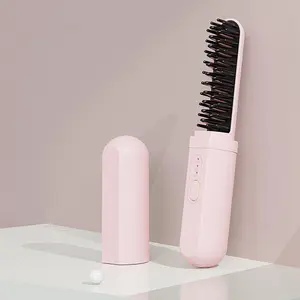 Portable 2-in-1 Hair Straightener Brush,Capsule Design Curling & Straightening Comb,USB Rechargeable Mini Ionic Hot Brush with Protective Cover for Travel & Home (Pink)