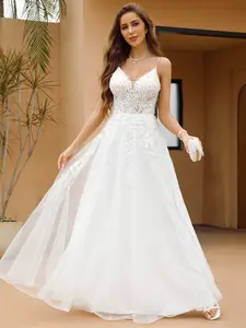 Suspenders, V-neck, embroidered sequins, studs, beads, backless wedding dresses