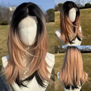 SMILCO/22Inch Ombre Brown Ash Peach Pink Hybrid Lace Front Medium Straight Synthetic Wig/SM1688