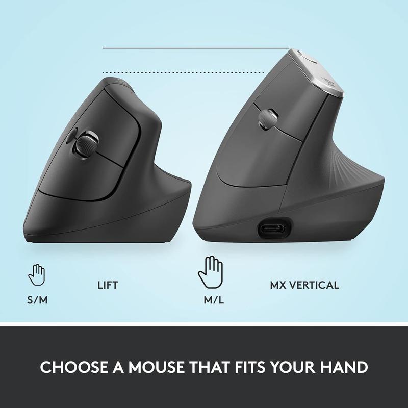 Logitech Lift Vertical Ergonomic Mouse, Wireless Bluetooth or USB Receiver, Quiet Clicks, 4 Buttons, Right Hand Wireless Mouse, Windows/macOS/iPadOS, Laptop, PC - Graphite Graphite Right-Handed Mouse