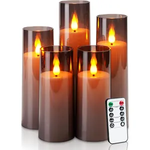 Grey Flameless Candles with Remote, Flickering  Operated Candles with Timer,  LED  Candle for Halloween  Decor,  Wick, D2.2 xH5 5" 6" 7" 8", Set of 5