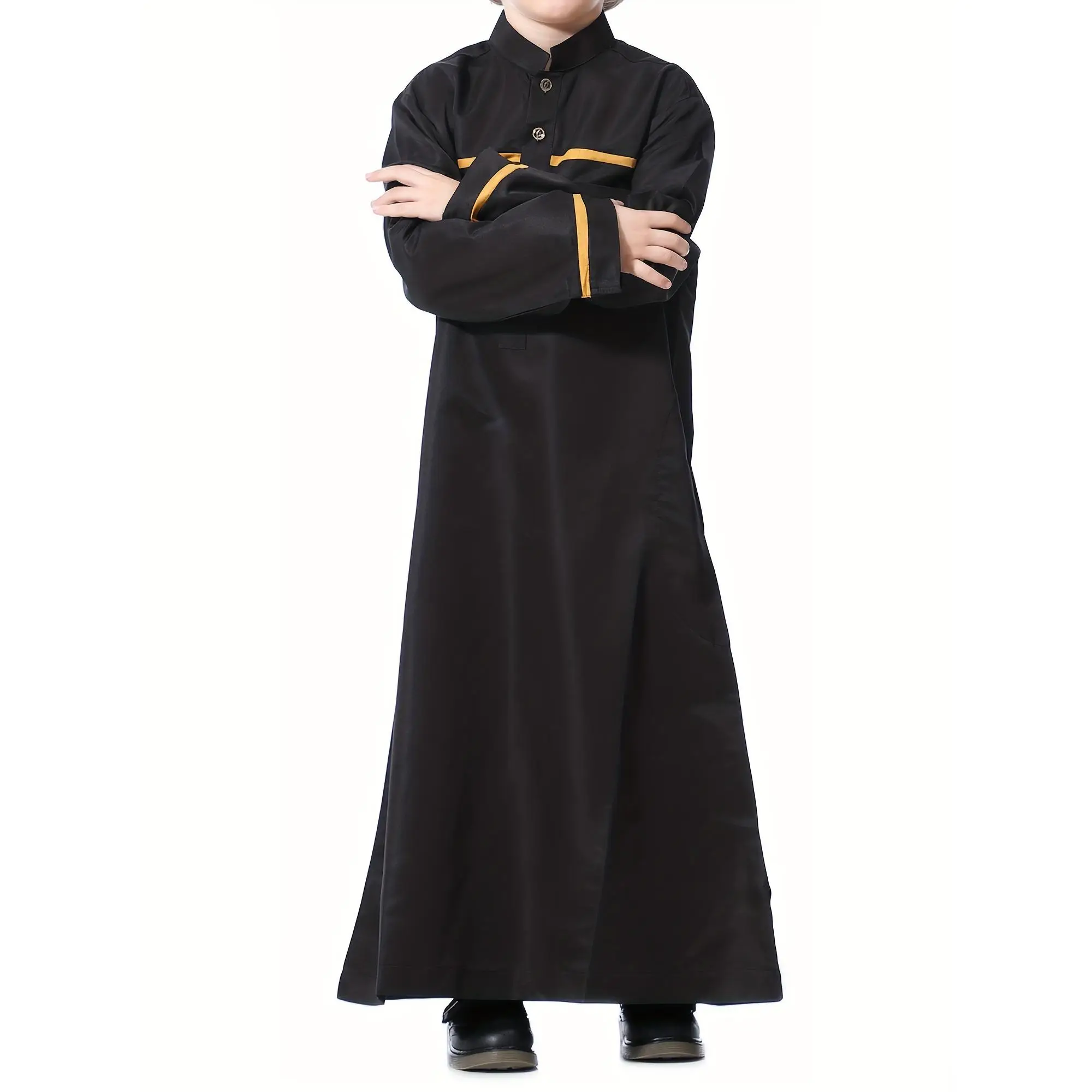 Boys' Modest Long Sleeve Kandora - Polyester Blend, Machine Washable, Solid Color with Contrast Trim - Perfect for Ramadan & Casual Attire