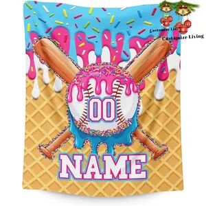 Custom Name and Number Ice Cream Blankets for family Custom Baseball Gifts for family members Personalized 4 Sizes Cozy Plush Baseball Drip with Name Throws for Bed Couch Home Travel Camp- Soft, comfortable and cute style, suitable for most families