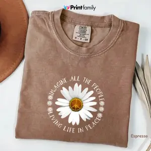 Comfort Colors Imagine Peace T-Shirt – Floral Daisy Peace Sign Tee, John Lennon Inspired, Retro Hippie Shirt, Boho Peace Quote Tee, For Woman - Printfamily