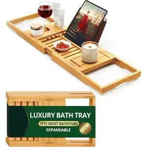 Premium Foldable Bathtub Tray Caddy - Wood Bath Tray for Tub, Bamboo Shelf, Expandable Bath Table Trays, Bathtub & Bathroom Accessories for New Home & Moth
