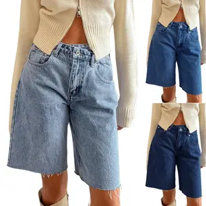 FMEYOA Women's Crossover Denim Shorts Summer Asymmetrical High Waisted Straight Leg Jean Shorts