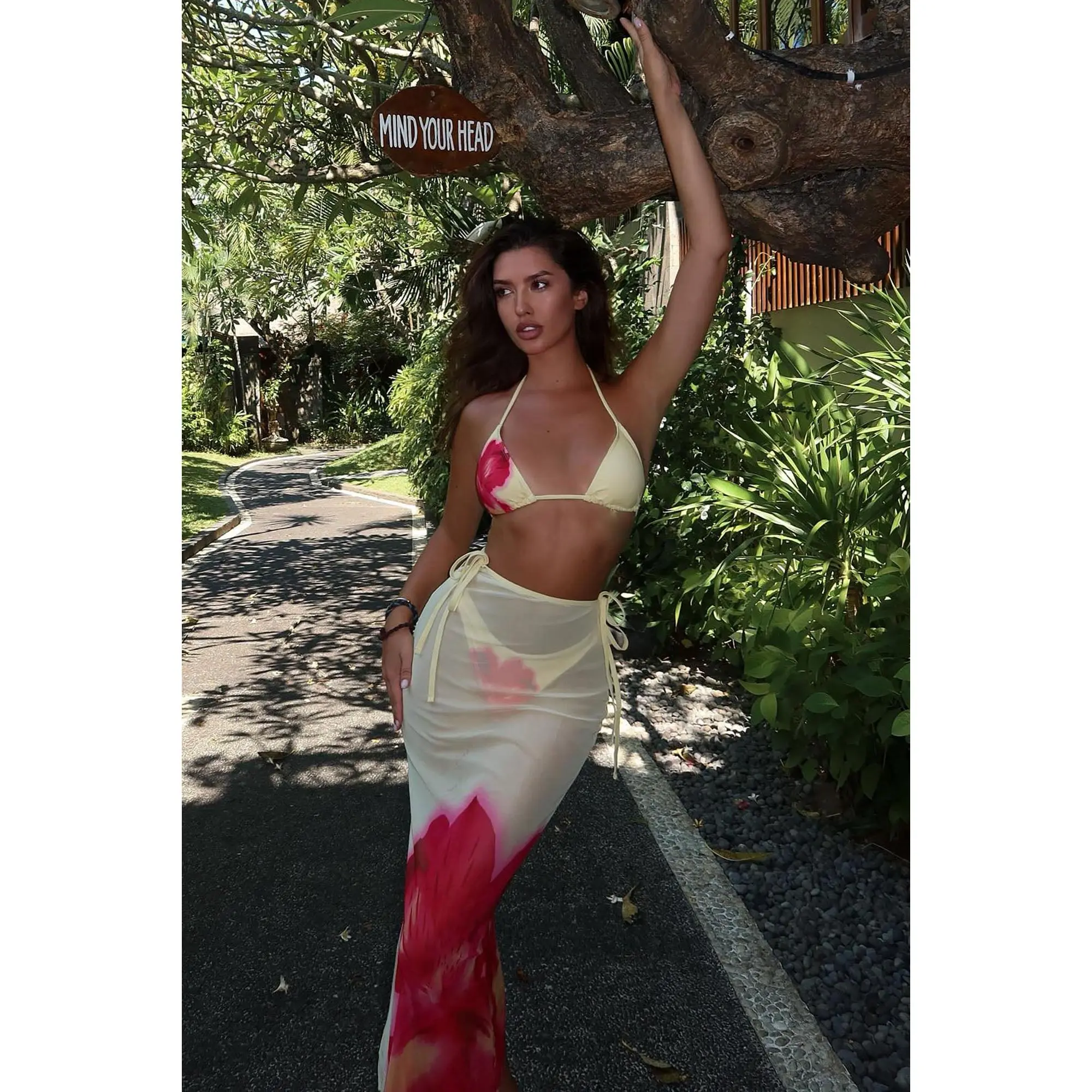 Kiana Flower Triangle 3 Piece Bikini & Maxi Skirt Set - Yellow/combo