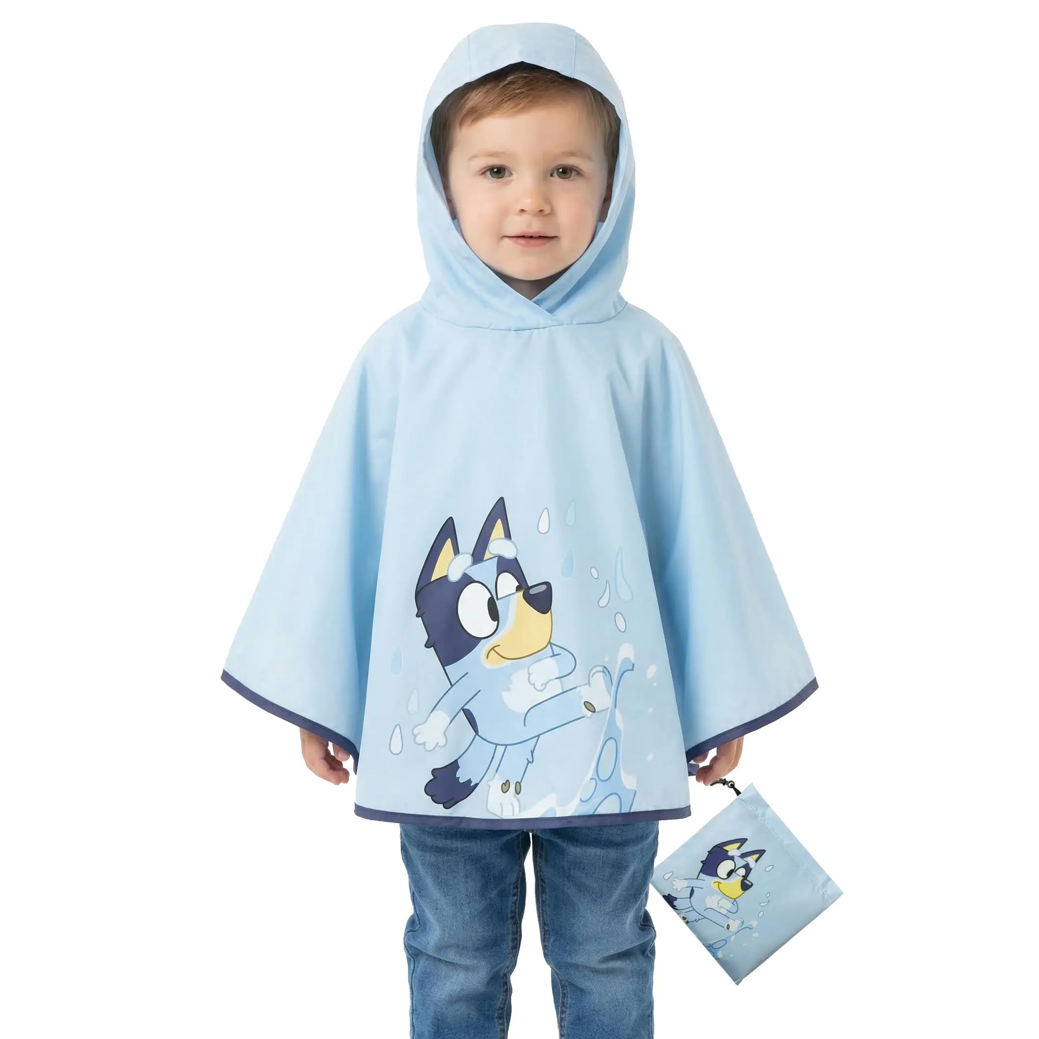 Bluey Kids Rain Poncho –Boys and Girls Waterproof Hooded Coat with Portable Storage Pouch – Officially Licensed