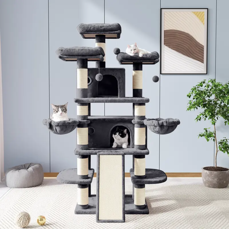 Allewie 68-Inch Multi-Level Particle Board Cat Tree - Non-Slip Pet Furniture with Sisal Scratch & Climb Post, Condo, House, Leopard Print & Solid Color Options, Holiday Gift for Large Cats