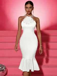 Women's Contrast Sequin 3D Rose Design Backless Mermaid Dress, Elegant Adjustable Strap Zipper Back Evening Party Gown, Ladies Clothes for All Seasons