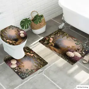 1/3Pcs Vintage style Floral Arrangement with Greenery Bathroom Mat Set, Flannel Non Slip Bath Rug, Toilet U-Shape Mat, Toilet Lid Cover, Thickened Soft Absorb Water, Microfiber Surface Memory Foam Cushion, Home