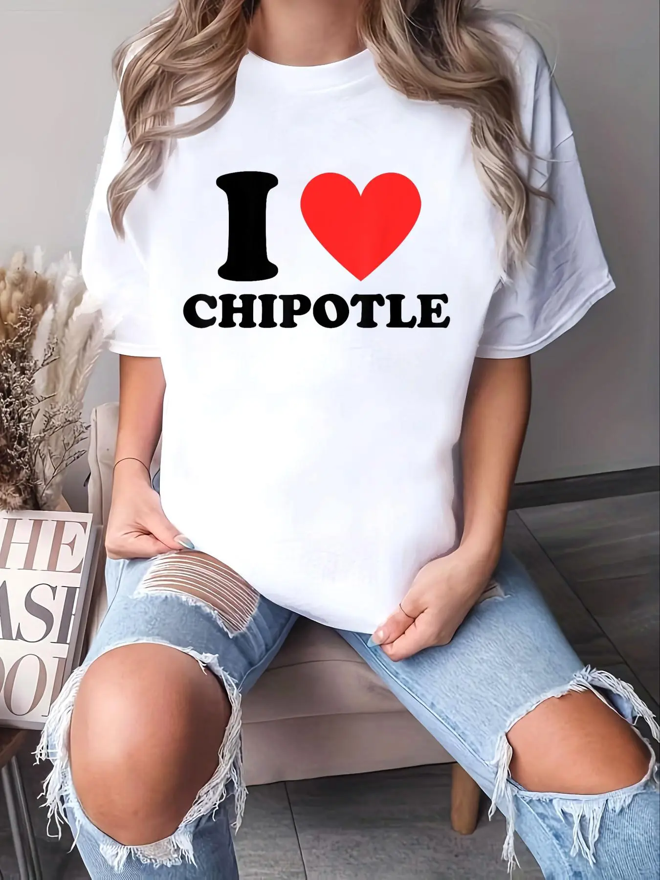 Women's Casual "I Love Chipotle" Graphic T-Shirt - 100% Cotton, Unisex, Loose Fit, Shortsleeve, Round Neck, Stylish Top, Style, Jackets