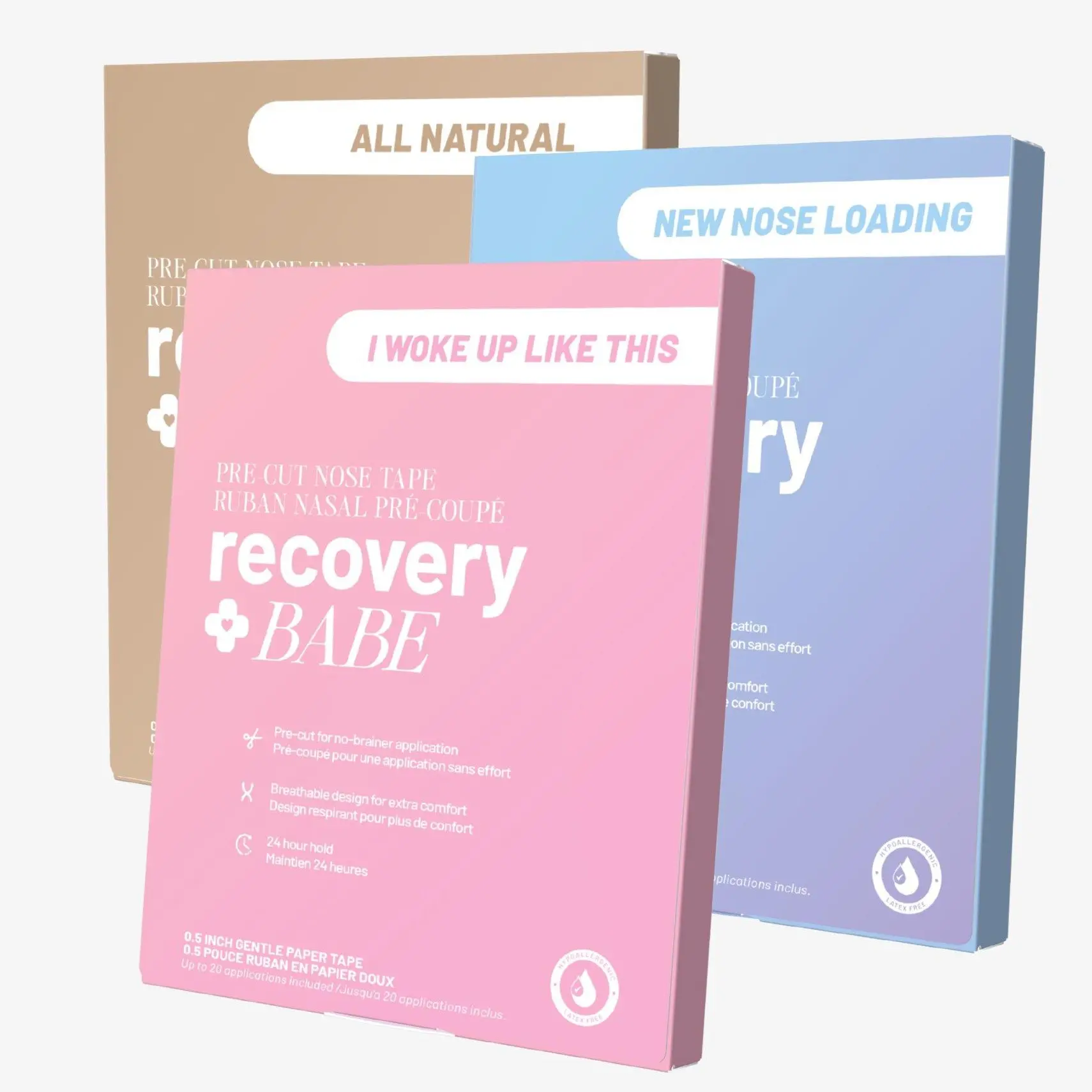 The Recovery Trio - Recovery Babe Pre-Cut Nose Tape, 3-Pack Bundle. Post-Op Rhinoplasty Surgery Recovery, Pink/Blue/Nude, 60 Applications