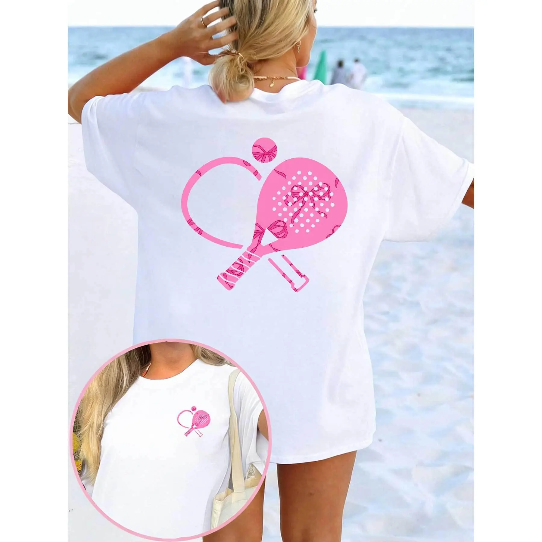 Women's Oversized T-Shirt with Pickleball Bow Graphic, Casual Cotton-Blend Shortsleeve Round Neck with Reinforced Stitching, Loose Top, Comfortable, Soft, Streetwear, Everyday, Fit, Tshirt