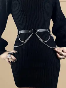 Women's Punk Style Chain Decorated Belt, Fashionable Gothic Style Casual Waist Belt for Daily Clothing Decor, Trendy Versatile Buckle Belts for Birthday Gift, Street Style Belt, Adjustable Waist Belt, Stylish Belts