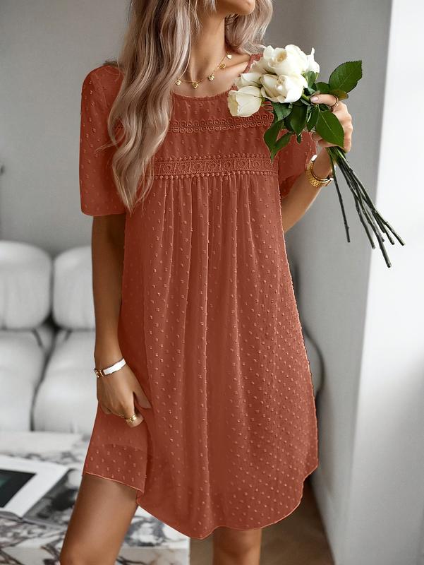 Women's Elegant Short Sleeve Chiffon Dress- A-Line Round Neck with Applique Detail, Machine Washable Lightweight Solid Color All-Season Casual& Formal Wear