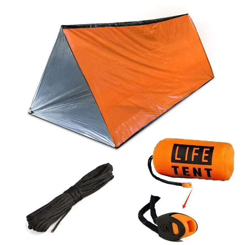 Emergency Shelter Bivy Survival Tent Kit, 1 Set Portable Waterproof Outdoor Tent & Rope & Bundle Bag & Plastic Whistle, Reusable Emergency Shelter for Camping & Hiking, Lightweight Weatherproof Canopy Shelter