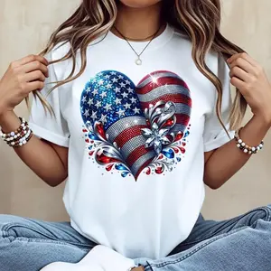 American Flag Heart Design Cotton Casual Crew Neck Short Sleeve Regular Sleeve Summer T-Shirt Machine Washable Not Dry Clean Made In USA Tee