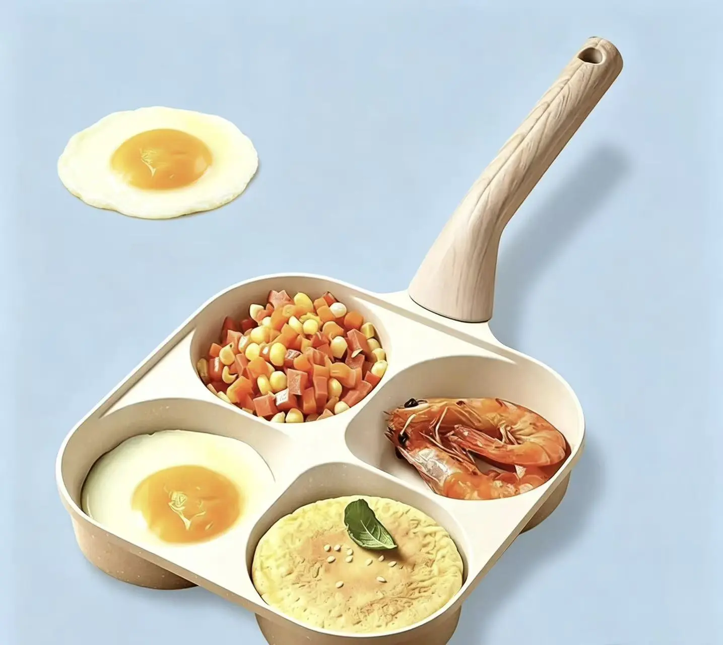 Wooden Handle 4-Compartment Nonstick Omelet Pan / Multifunctional Divided Baking Pan / Breakfast Omelet and Pancake Pan (Compatible with Gas and Induction Cooktops)