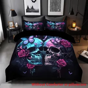 Vintage Gothic Rose Butterfly Skull Print Bedding Set, Soft Comfortable Fabric, Zipper Design, 3 Piece (1 Quilt Cover + 2 Pillowcases)