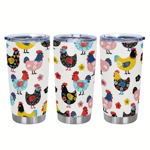 20oz Leakproof Tumbler with Handle & Straw Lid - Double-Wall Vacuum Insulated Cup, Chicken Rooster Farmhouse Design Travel Mug - Hot/Cold Beverage Cup for Women, Mom, Birthday, Mother's Day Gifts - BPA-Free Stainless Steel